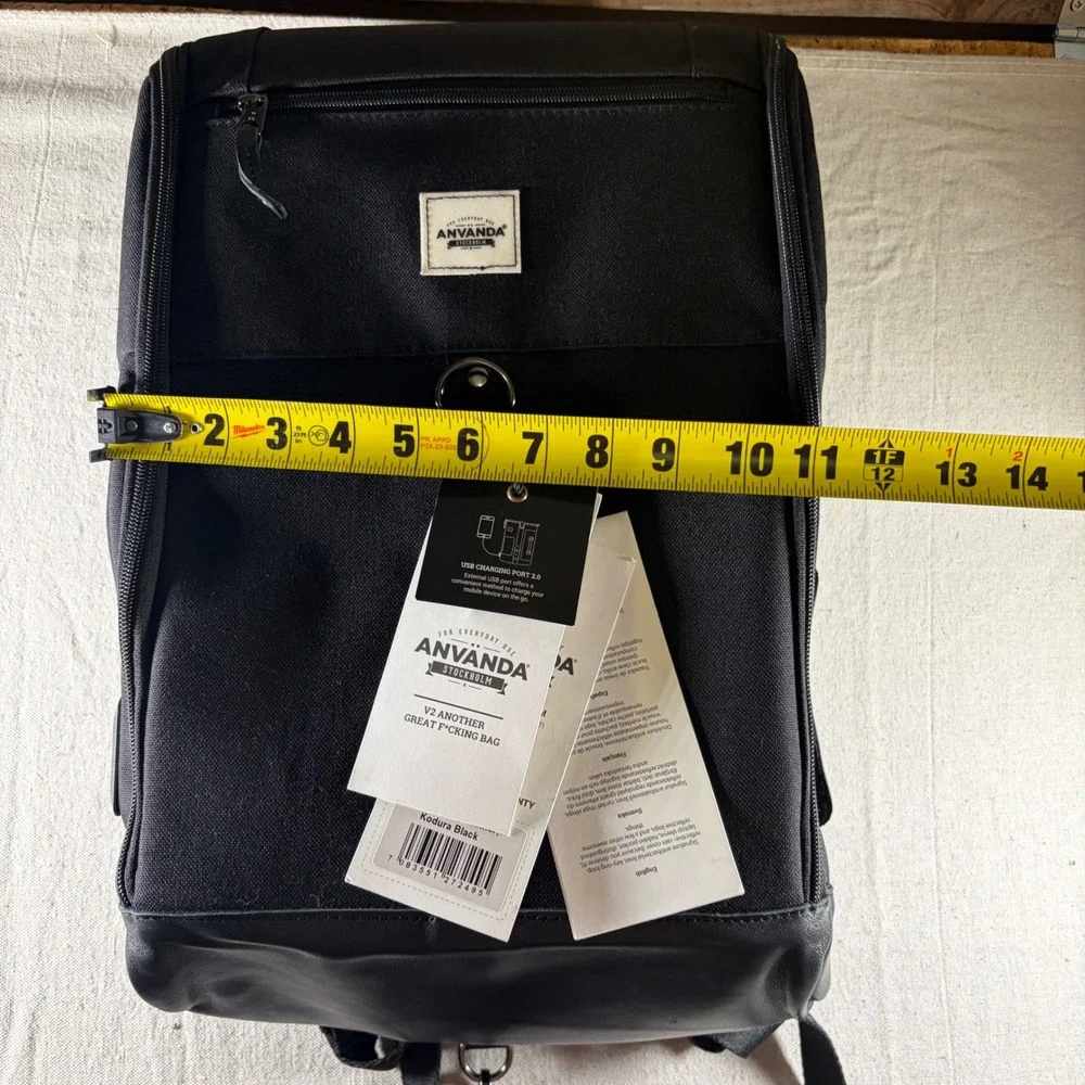Anvanda V2 Backpack Unisex Medium Kodura Black Leather USB Charging Port NWT